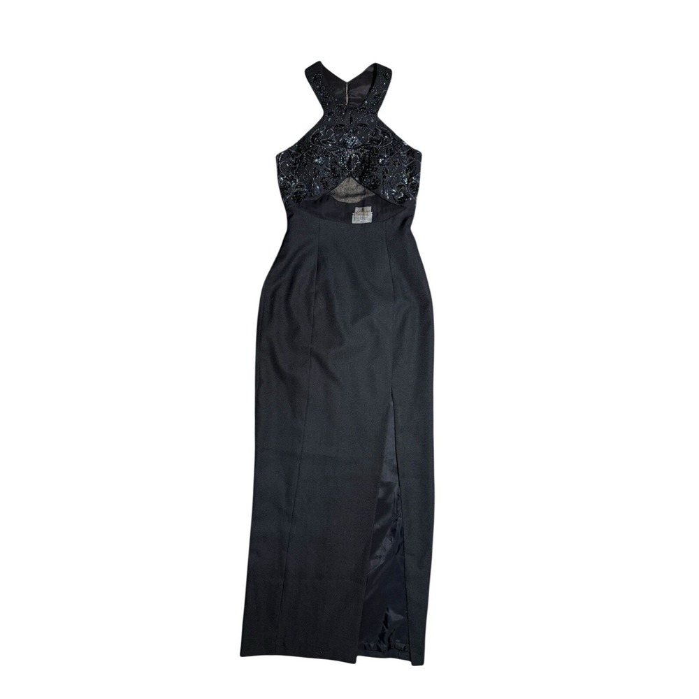 Alyce Design Peacock Sequin Jewel Black Maxi Mesh High Neck Dress Sz 6 VTG 80